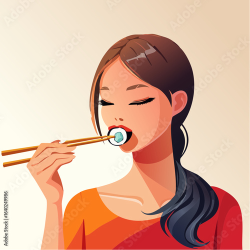 Asian woman enjoying sushi with chopsticks, savoring the flavors of traditional cuisine, highlighting the art of eating and the joy of culinary experiences
