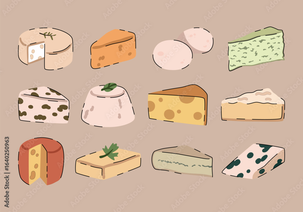 custom made wallpaper toronto digitalVarious delicious cheese set. Mozzarella, brie, triangles, cheddar, blue cheese, parmesan, camembert, burrata. Cartoon modern style. Hand drawn vector flat illustration. Isolated linear design element