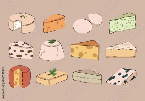 Wallpaper Mural Various delicious cheese set. Mozzarella, brie, triangles, cheddar, blue cheese, parmesan, camembert, burrata. Cartoon modern style. Hand drawn vector flat illustration. Isolated linear design element Torontodigital.ca