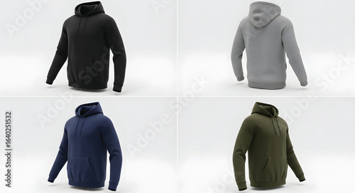 A collection of four men's hoodies in black, grey, blue, and green, presented as a product mockup on a clean white background.