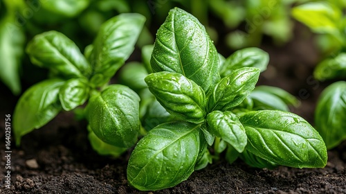 Close up of fresh green basil leaves growing in dark soil.
