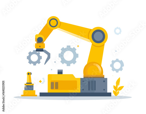 Futuristic Yellow Robotic Arm with Gears in a Clean Industrial Setting