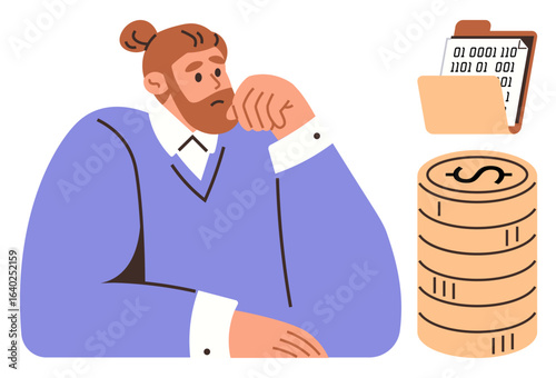 Bearded man in a purple sweater thinks deeply beside coins and a folder. Ideal for finance, budgeting, investment, business planning, decision making, income, expense management. Simple flat metaphor
