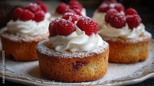 Wallpaper Mural Raspberry cakes with whipped cream and powdered sugar, sitting on a decorative plate Torontodigital.ca