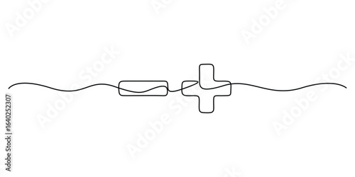 Continuous one line drawing of plus and minus signs. Plus and minus signs. Abstract background drawn with one line. Doodle vector illustration