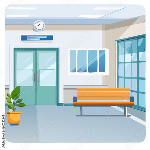 Hospital reception hall clinic interior, cartoon modern empty medical hallway with bench