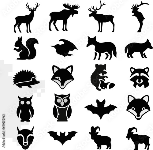 Collection of Silhouette Wildlife Animals Including Deer, Moose, Squirrels, Foxes, Owls, and Bats