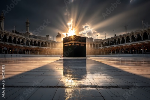 Dramatic sun rays over the Kaaba in Mecca with Saudi Arabia, and Islam holy site.