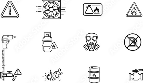 Safety, Warning, and Industrial Hazard Vector Icon Set: A comprehensive collection of symbols representing workplace safety, chemical warnings, industrial tools, and hazardous material signs for risk 
