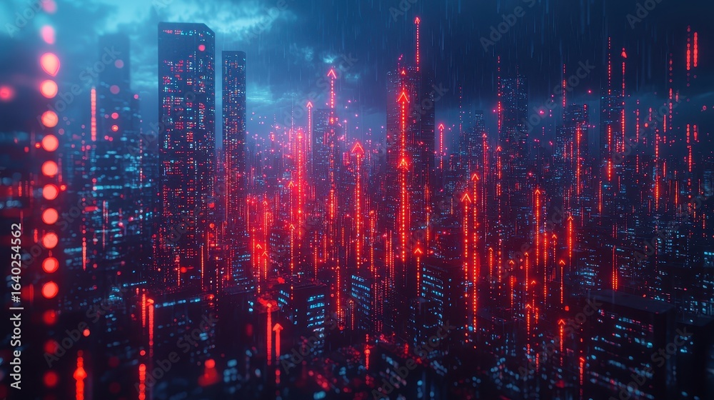 Obraz premium In a sleek, modern office setting, bold stacked bar graphs and red downward arrows narrate a financial tale, depicting market trends and performance data, a visual testament to the dynamic world