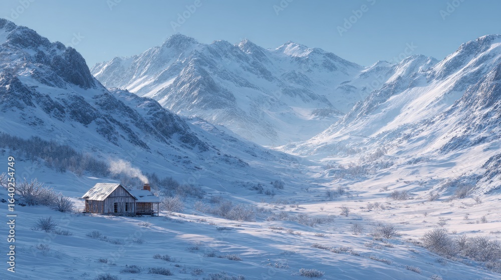 Fototapeta premium Secluded Winter Cabin in a Majestic Snow-Covered Mountain Valley