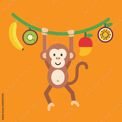 A cartoon monkey hangs from a green vine adorned with a banana, kiwi, mango, and passion fruit on an orange background.