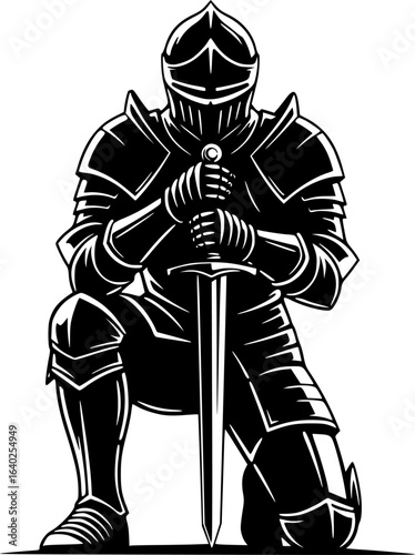 Black and White Kneeling Knight with Sword in Armor, Silhouette Illustration