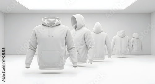 A row of blank white hoodie mockups floating in a minimalist white room, showcasing front, side, and back views.