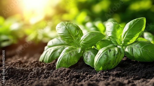 Fresh basil leaves growing in dark soil with blurred green background.
