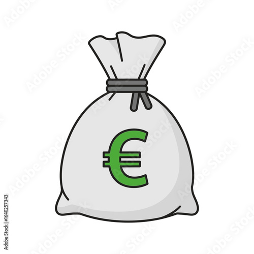 A cartoon illustration of a grey money bag tied at the top, with a green Euro currency symbol printed on the front.