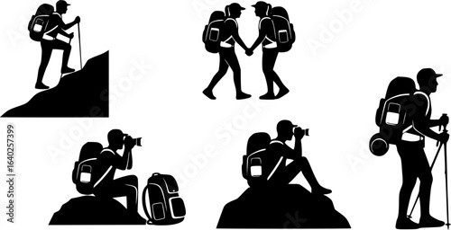 Silhouette Collection: Hikers with Backpacks, Black and White, Outdoor Adventure, Travel