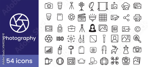 Photography line icon set vector with camera, photo equipment, and studio symbols.

