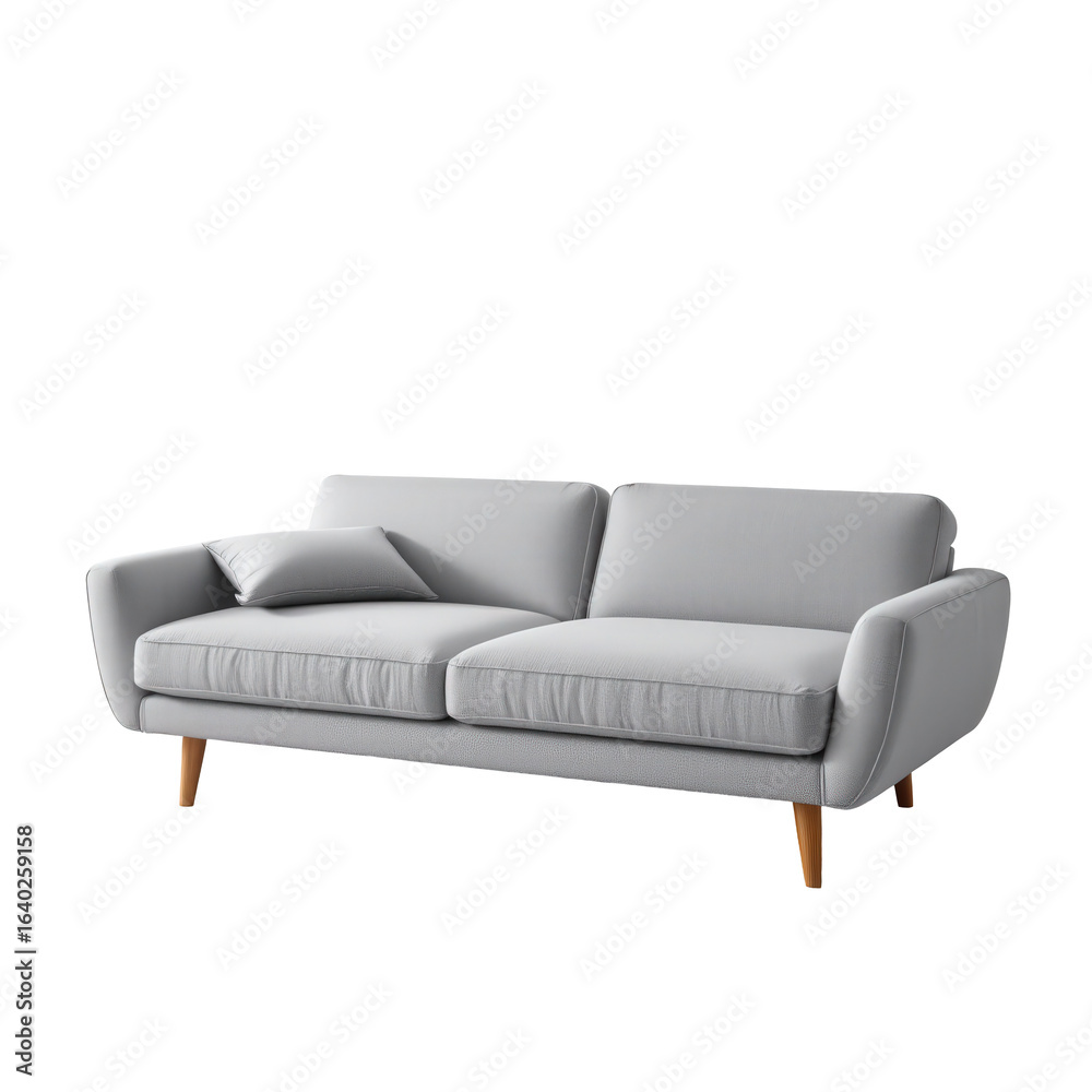 Modern Grey Sofa with Cushions and Wooden Legs in Bright Room Modern Grey Sofa with Cushions and Wooden Legs in Bright Room