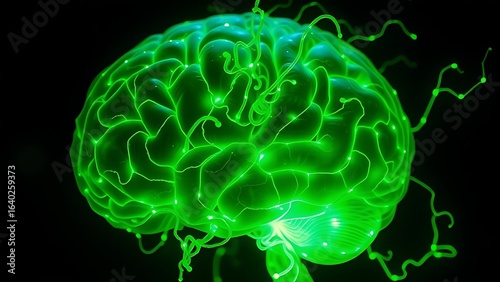 A translucent brain entwined with glowing green bioluminescent vines, pulsing with mysterious energy.