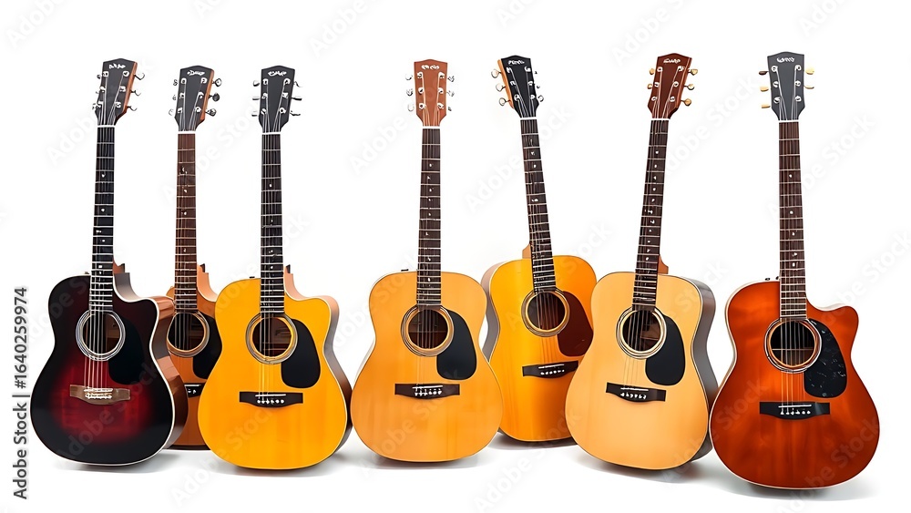Naklejka premium Six acoustic guitars arranged in a row on white, professional and clean composition.