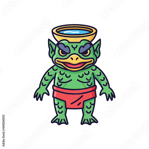 Cartoon illustration of a Kappa, a Japanese folklore creature, with water in a bowl on its head, wearing a red loincloth.