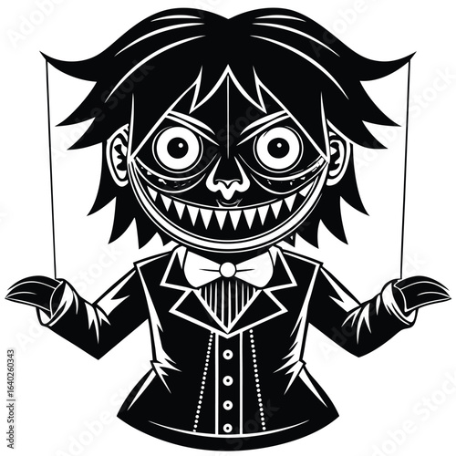 A creepy eerie puppet character in vector SVG style, black silhouette on white background