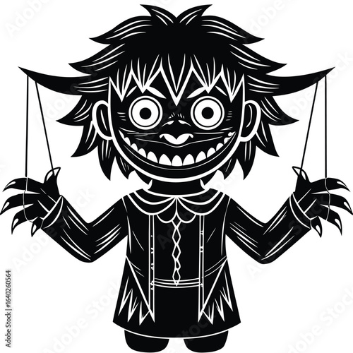 A creepy eerie puppet character in vector SVG style, black silhouette on white background
