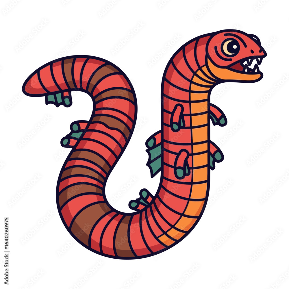Naklejka premium Cartoonish, stylized illustration of a playful, segmented, red and brown creature, resembling a salamander or amphibian.
