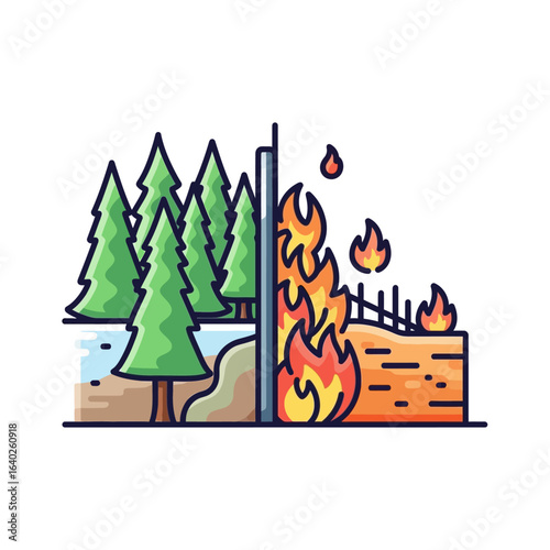 Illustration depicting a forest on one side and a wildfire burning on the other, separated by a barrier.