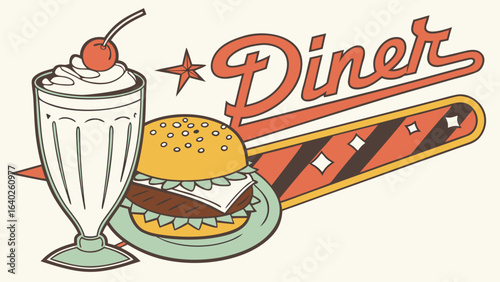 Retro diner with burger and milkshake illustration for vintage restaurant menu design and food lovers art