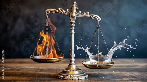 Symbolic balance scale with fire and water elements
