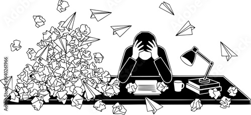 Overwhelmed Writer at Desk Surrounded by Paper Airplanes Black and White Art