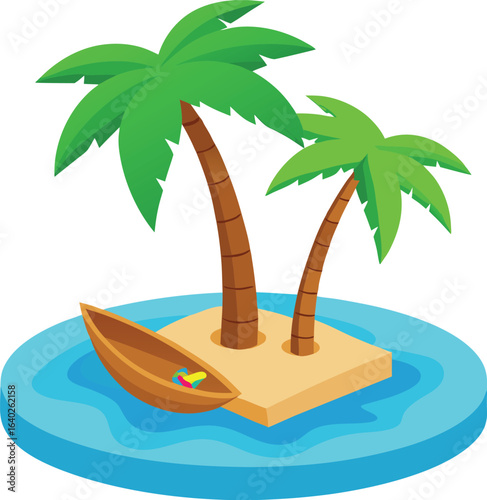 Tropical island paradise with palm trees and canoe