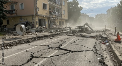 Devastated street with cracked pavement and fallen debris after earthquake  