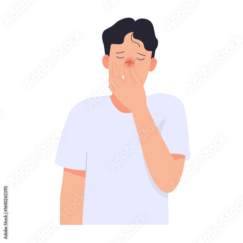 Male suffering from cold and flu. Allergic rhinitis symptoms. Stuffy nose and nasal obstruction. Sinus inflammation and infection. Sneezing man with pollen allergy. Nose and Immune System Illustration