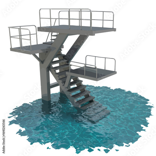 Stylized diving platform illustration above calm pool water surface