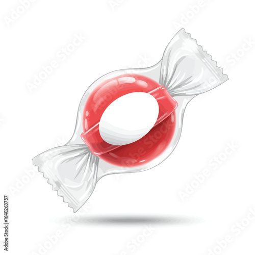 Crimson delight: a stylized lollipop confection wrapped in crystal clear cellophane