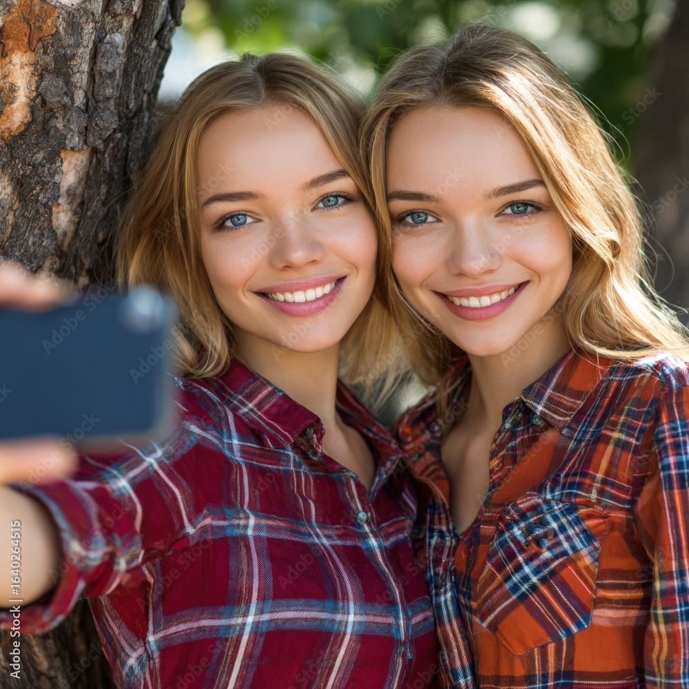 Obraz premium Identical Twin Sisters Taking a Selfie Outdoors with a Mobile Phone, Embracing the Beauty of Sisterhood
