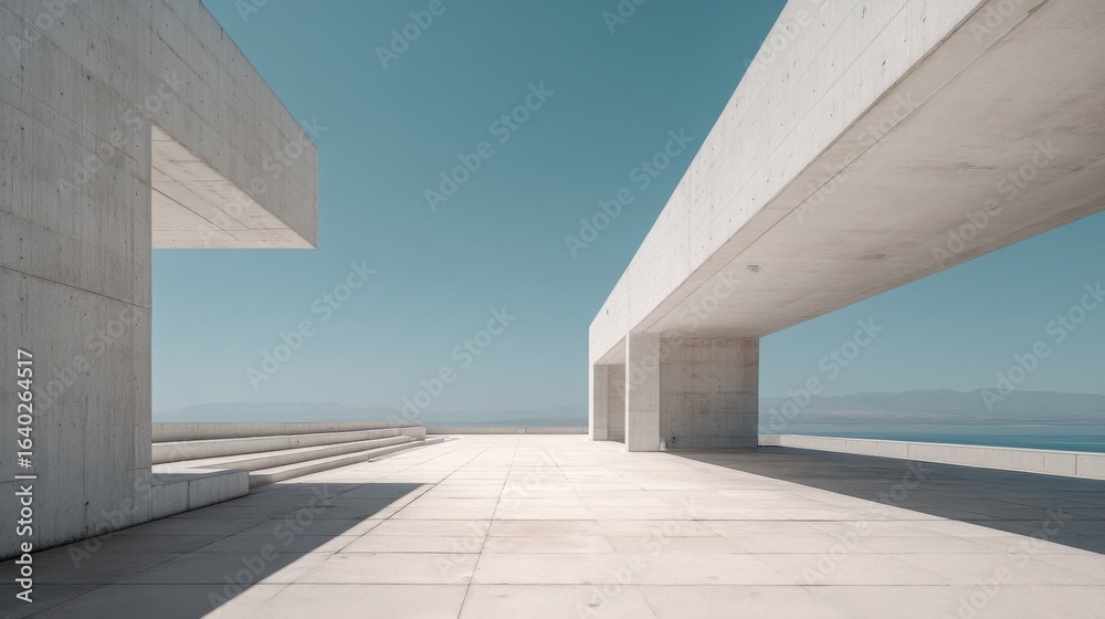 Fototapeta premium Modern Minimalist Architecture with Concrete Structures, Clear Blue Sky, and Ocean View Background for Construction and Design