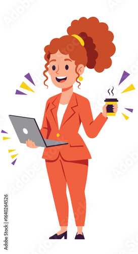 Energetic business woman multitasking with laptop and takeaway coffee illustration