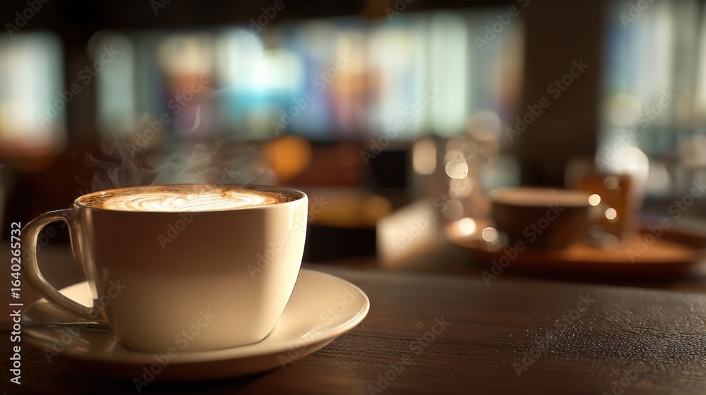 Steaming Coffee Cup on Table in Cafe Environment, Blurred Background for Relaxing, Social, or Business Themes Steaming Coffee Cup on Table in Cafe Environment, Blurred Background for Relaxing, Social, or Business Themes