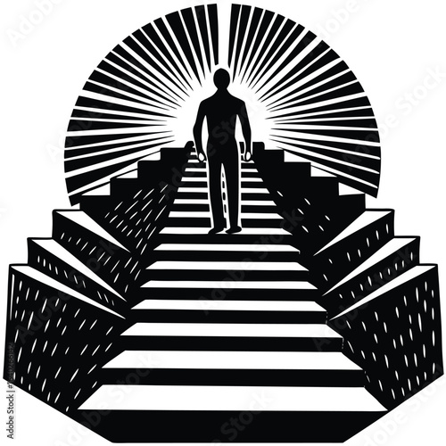 a person ascending stairs into brightness. Success, motivation, or self-growth theme