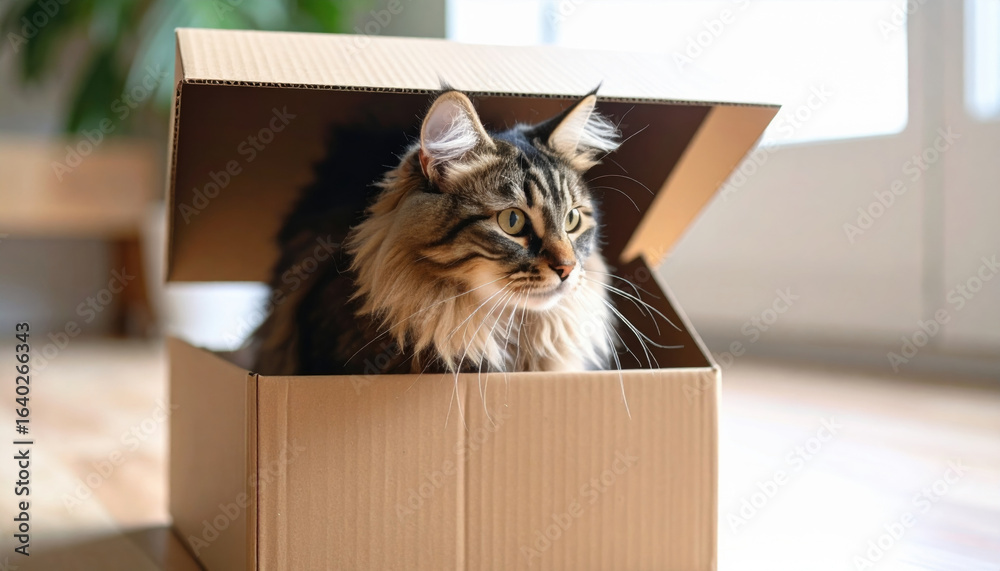 Fototapeta premium Fluffy cat sits inside cardboard box, peering out with curiosity. warm, natural light highlights its fur and cozy indoor setting, creating playful and inviting atmosphere