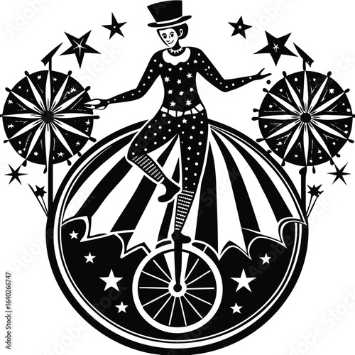  a person balancing on a unicycle. Circus, balance, or performance theme