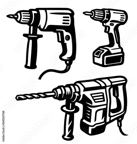 Various types of drills are displayed, including a corded drill, a cordless drill, and a hammer drill, showcasing their diverse functions for construction tasks.