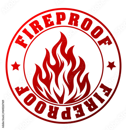 This vector graphic features a fireproof rubber stamp design with a red stylized flame surrounded by bold text. Ideal for safety and certification purposes.