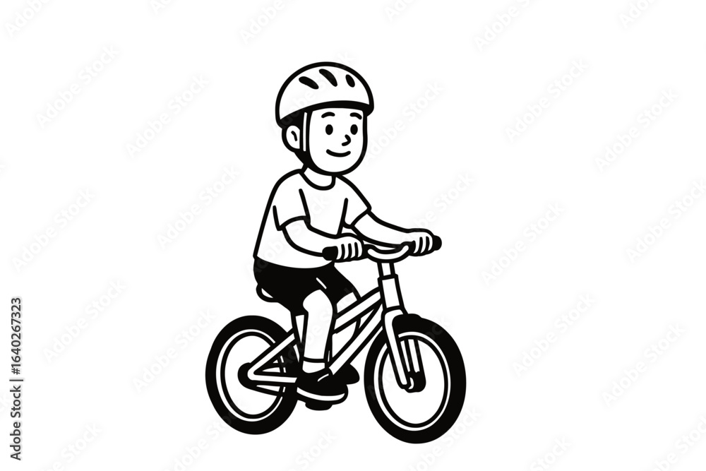 Naklejka premium Ilustrasi vektor hitam putih anak bersepeda dengan helm