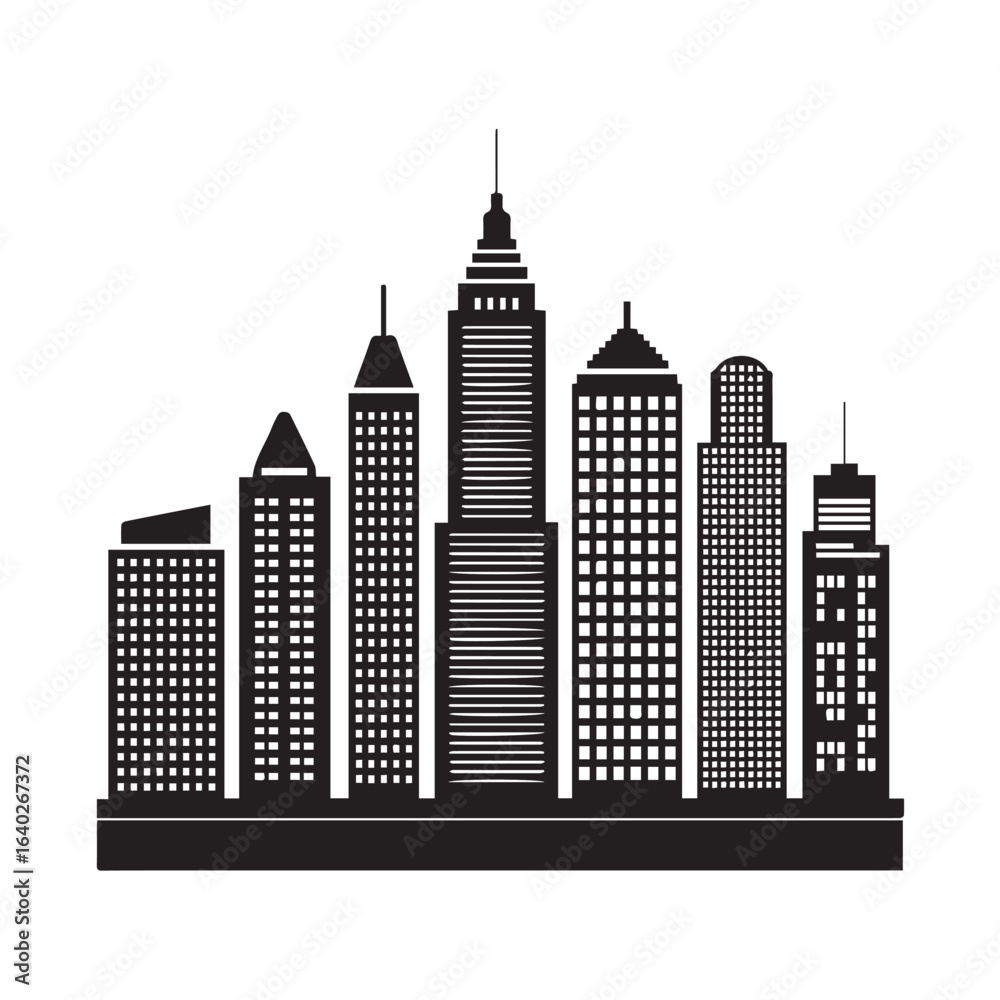Fototapeta premium black skyline vector featuring tall buildings and skyscrapers in cityscape silhouette style on white background
