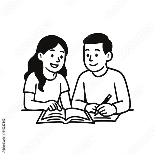 Ilustrasi vektor hitam putih dua orang belajar bersama di meja